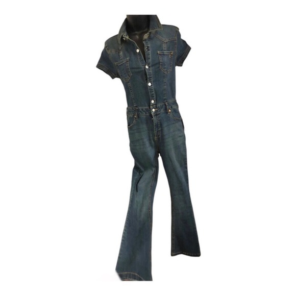Juicy Couture baby boot western button front dark tinted denim jeans jumpsuit XS - Picture 3 of 16